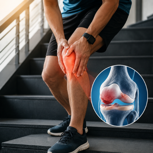 Person experiencing knee pain while climbing stairs due to possible cartilage or meniscus damage