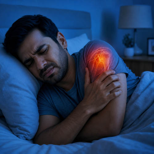 Person waking up with shoulder pain at night due to possible rotator cuff injury